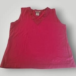 Jonathan Logan Women's L Magenta Pink V Neck Lace Trim STRETCH Logo Tank
